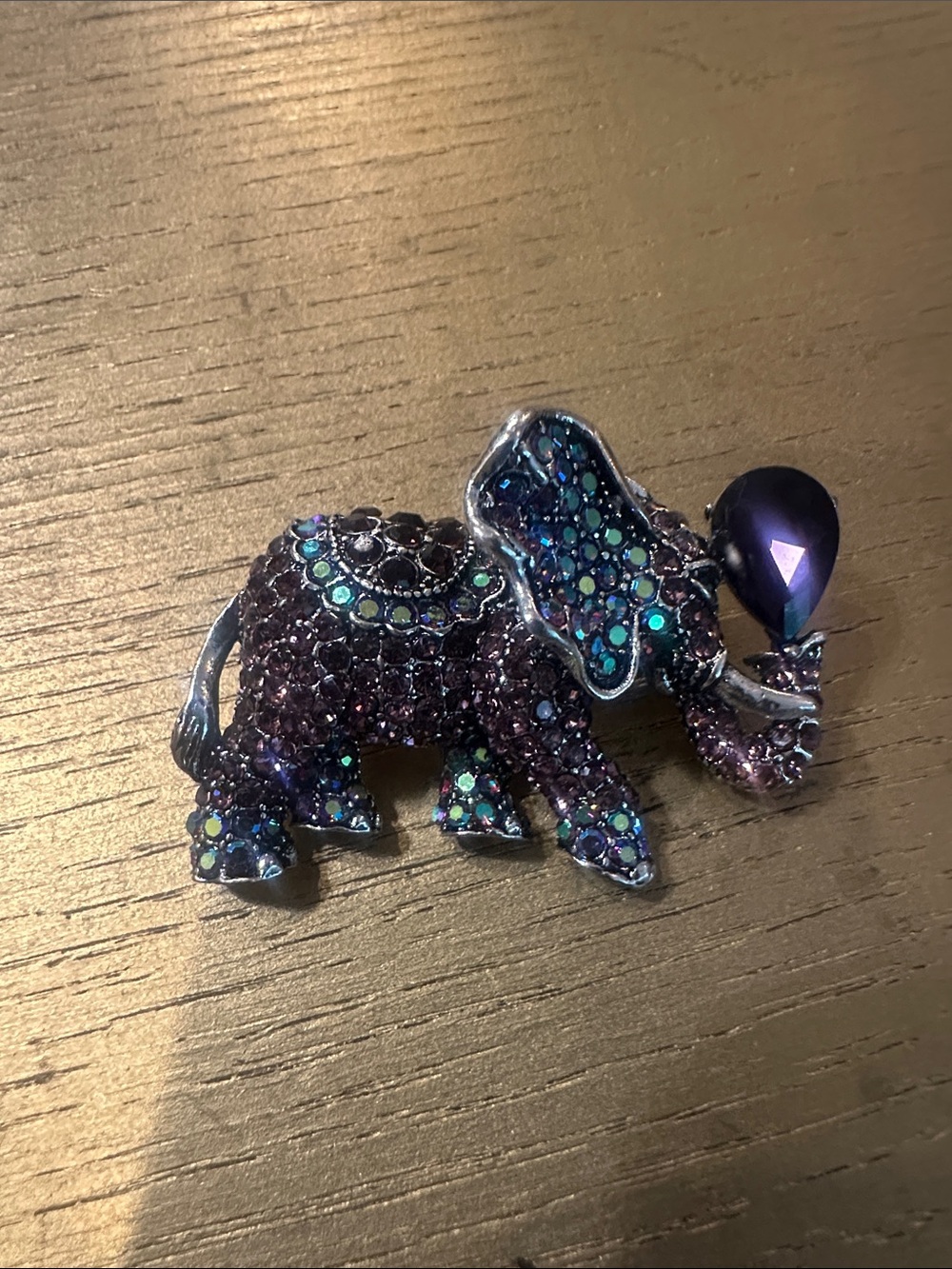 Sparkling Purple Elephant Brooch with Teardrop Accent